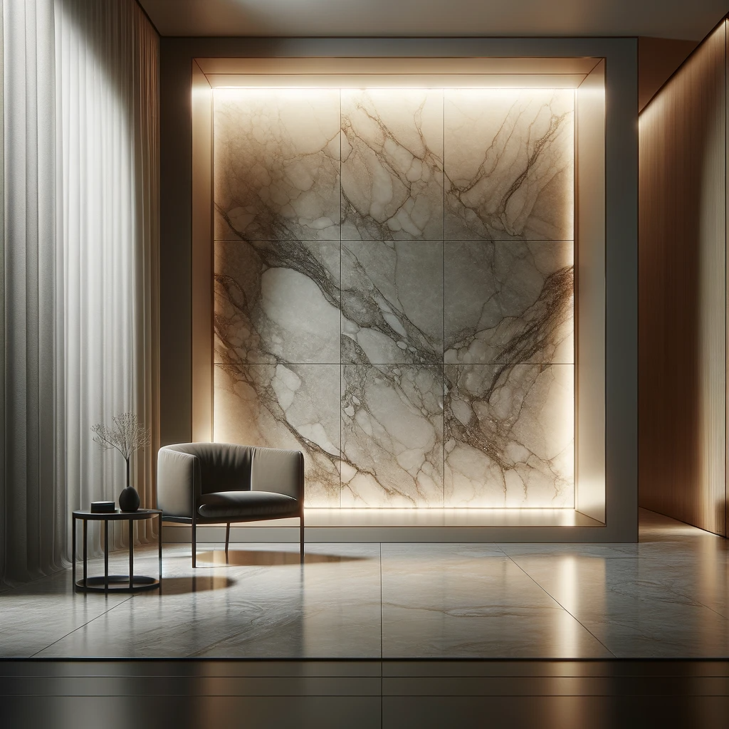 DALL·E 2024-01-04 13.36.47 – A close-up interior view of a minimalist salon, captured from about 2 meters away. In this scene, the wall has a marble texture, featuring intricate v